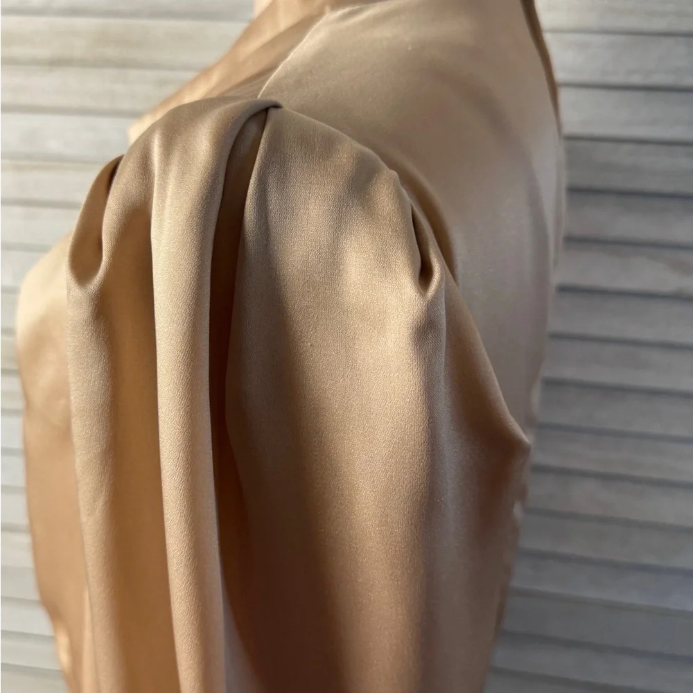 Astr Gold Satin Blouse Size Large Elegant Cowl Neck Puff Sleeve Top Luxe